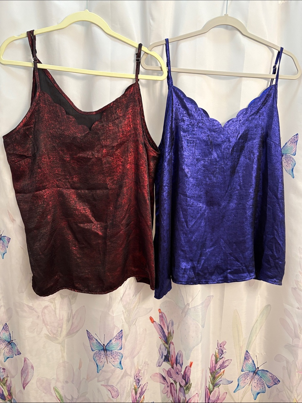 SHEIN 2XL Red Metallic & Purple Scallop Neck Tank Tops